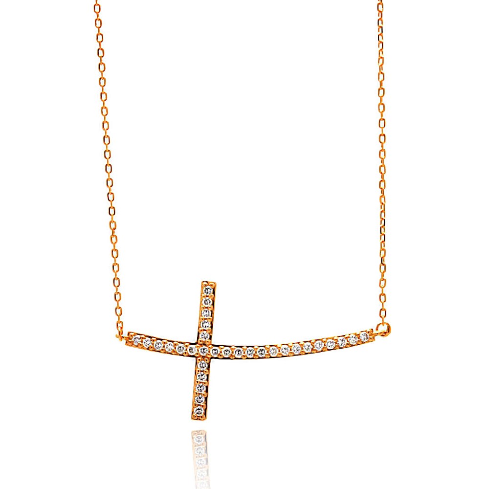 Side Way cross Necklace in Sterling Silver Rose Gold Plated